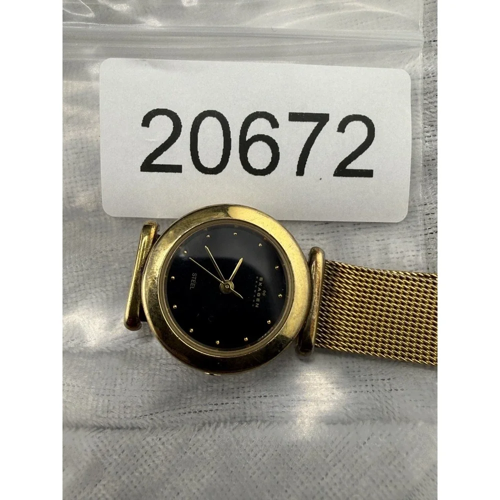 Vintage Skagen Watch Women Black‎ Dial Gold Tone 6.5
